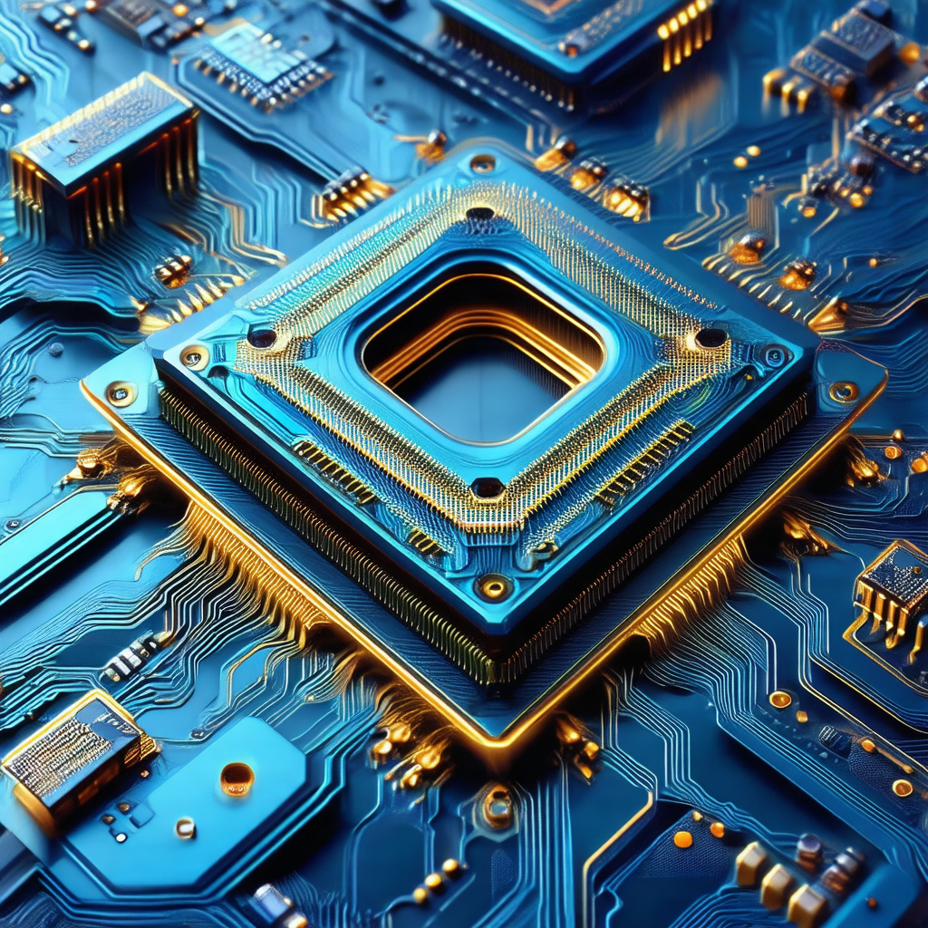 Close-up of a computer circuit board with a blue square i...