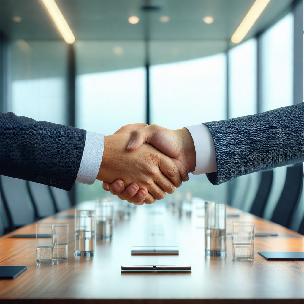 Man and a woman shaking hands over a wooden table