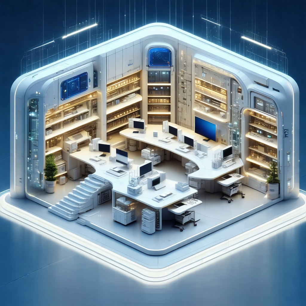 Futuristic office space with a large number of computers ...