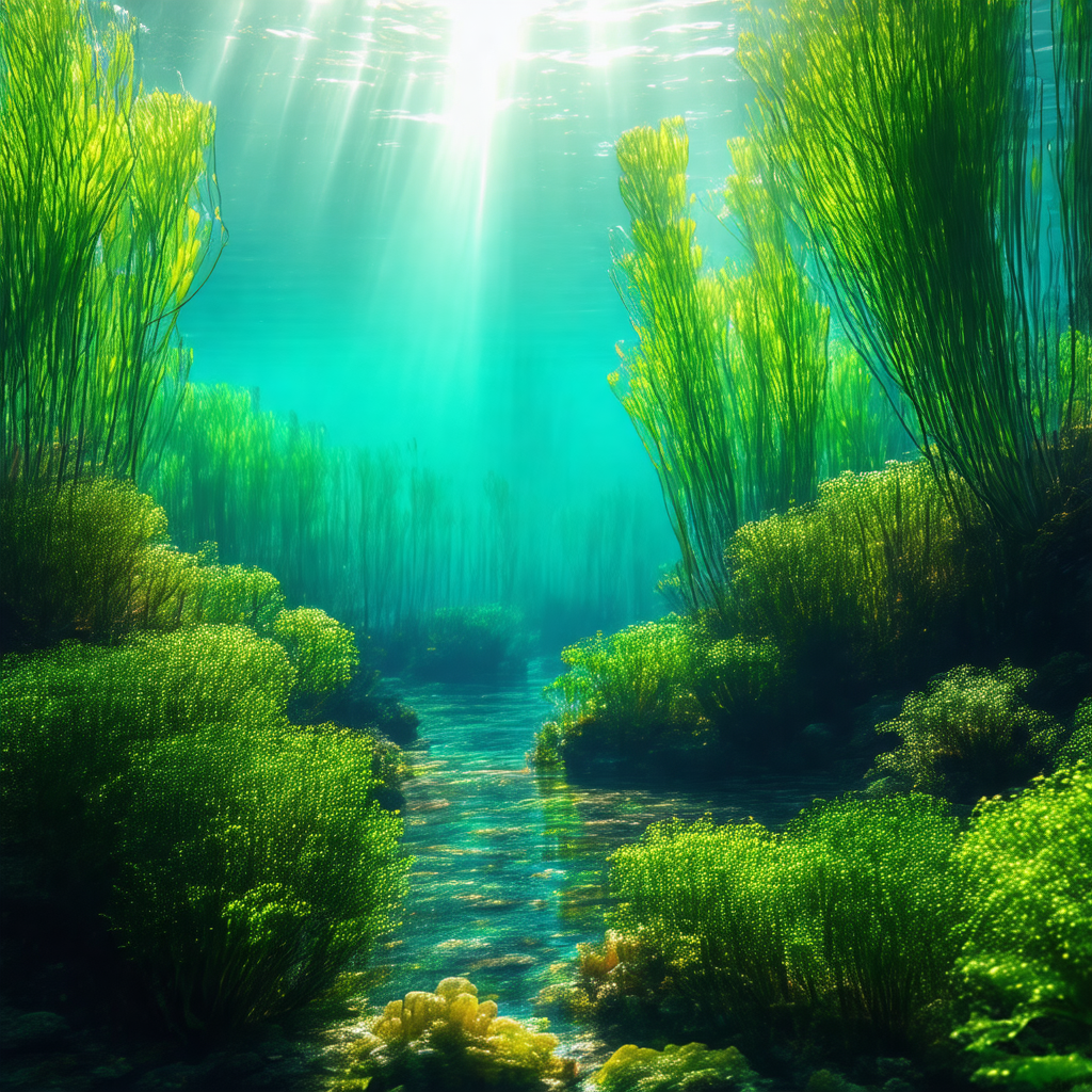 Vibrant underwater scene with a variety of aquatic plants...