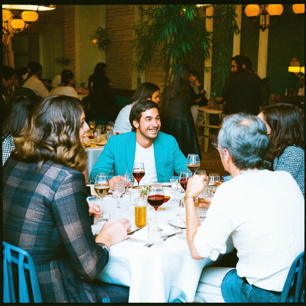 Group of people gathered around a dining table, enjoying ...