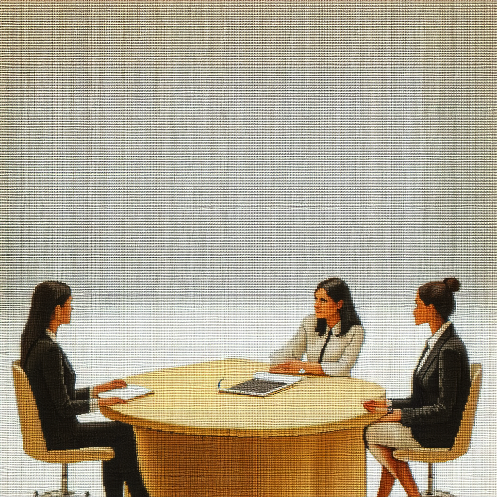 Three women sitting around a wooden table, engaged in a c...