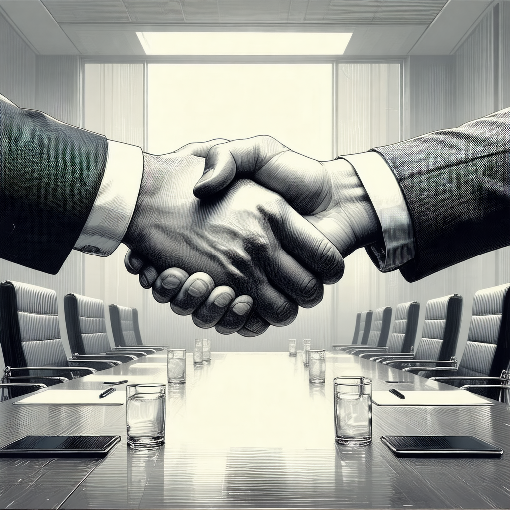 Black and white drawing of a handshake between two men in...