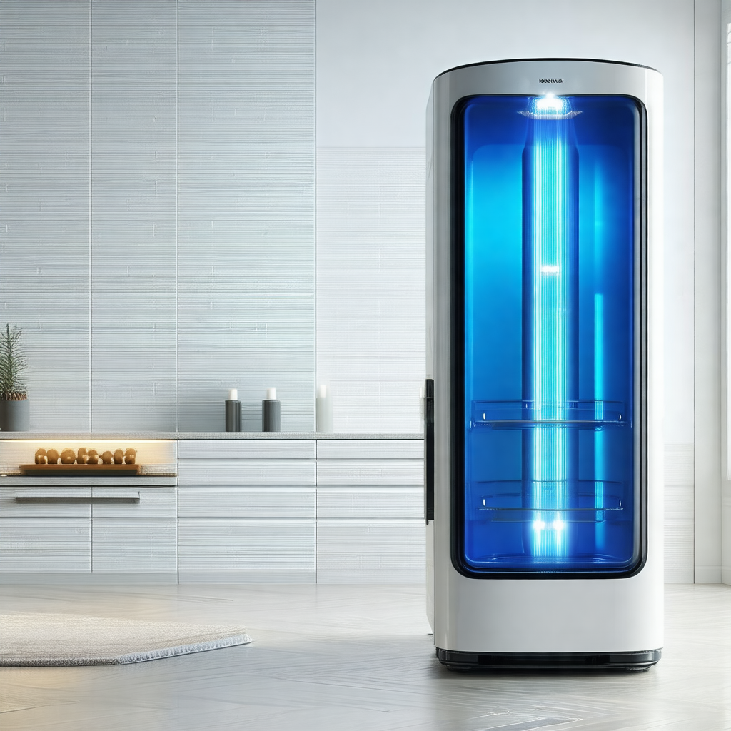 Large, blue, and white refrigerator standing in a room