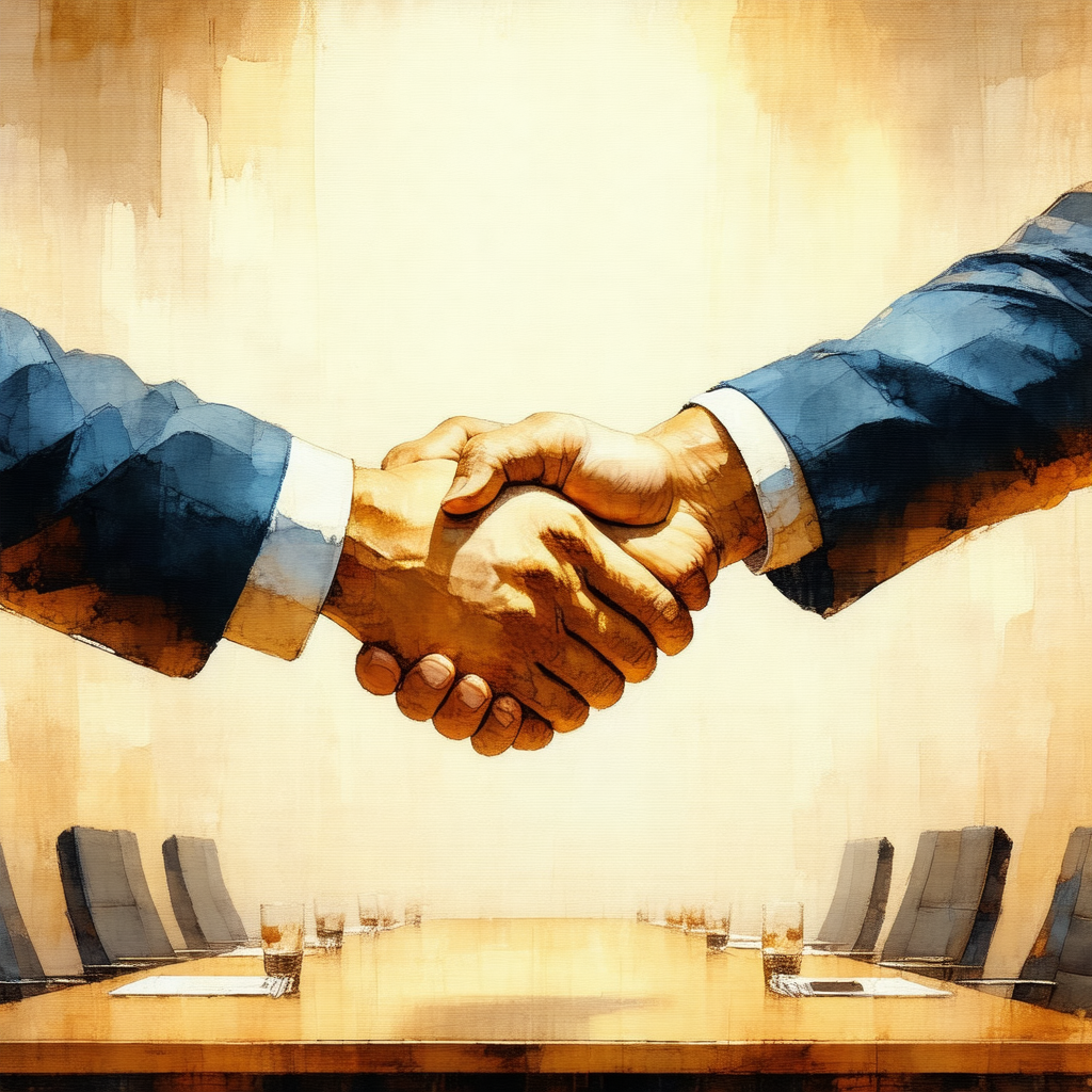 Painting of two men shaking hands over a wooden dining table