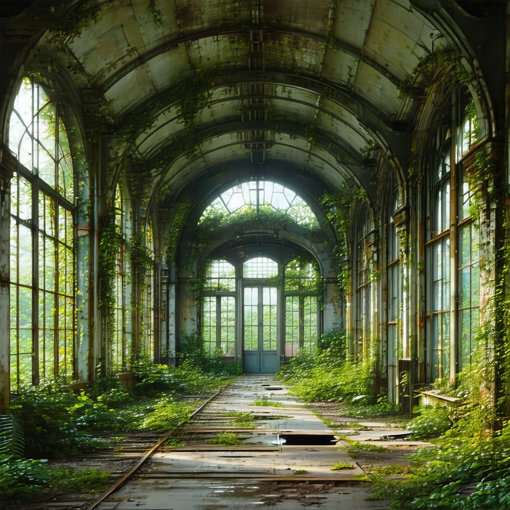 Large, abandoned building with a long hallway