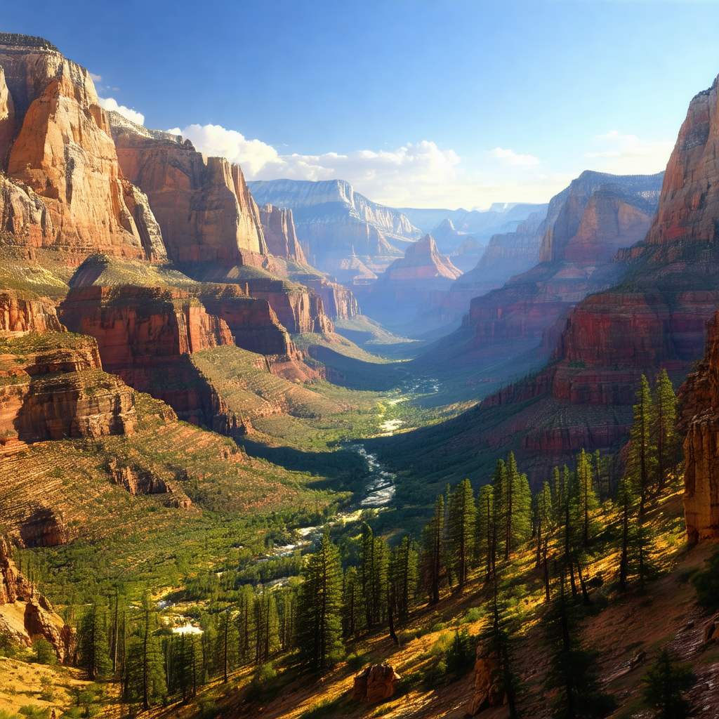 Showcases a beautiful landscape with a river flowing thro...
