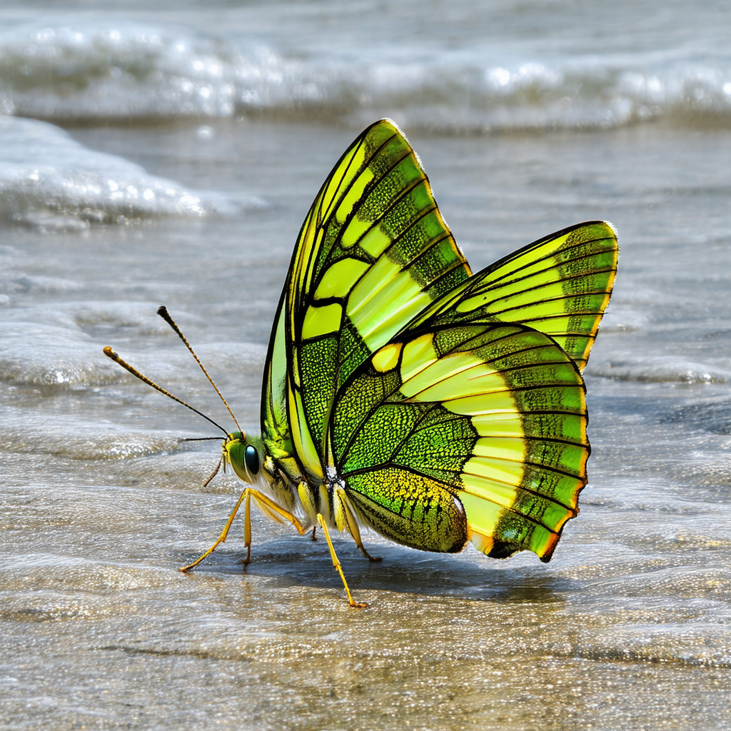 Beautiful butterfly with green and yellow wings, standing...