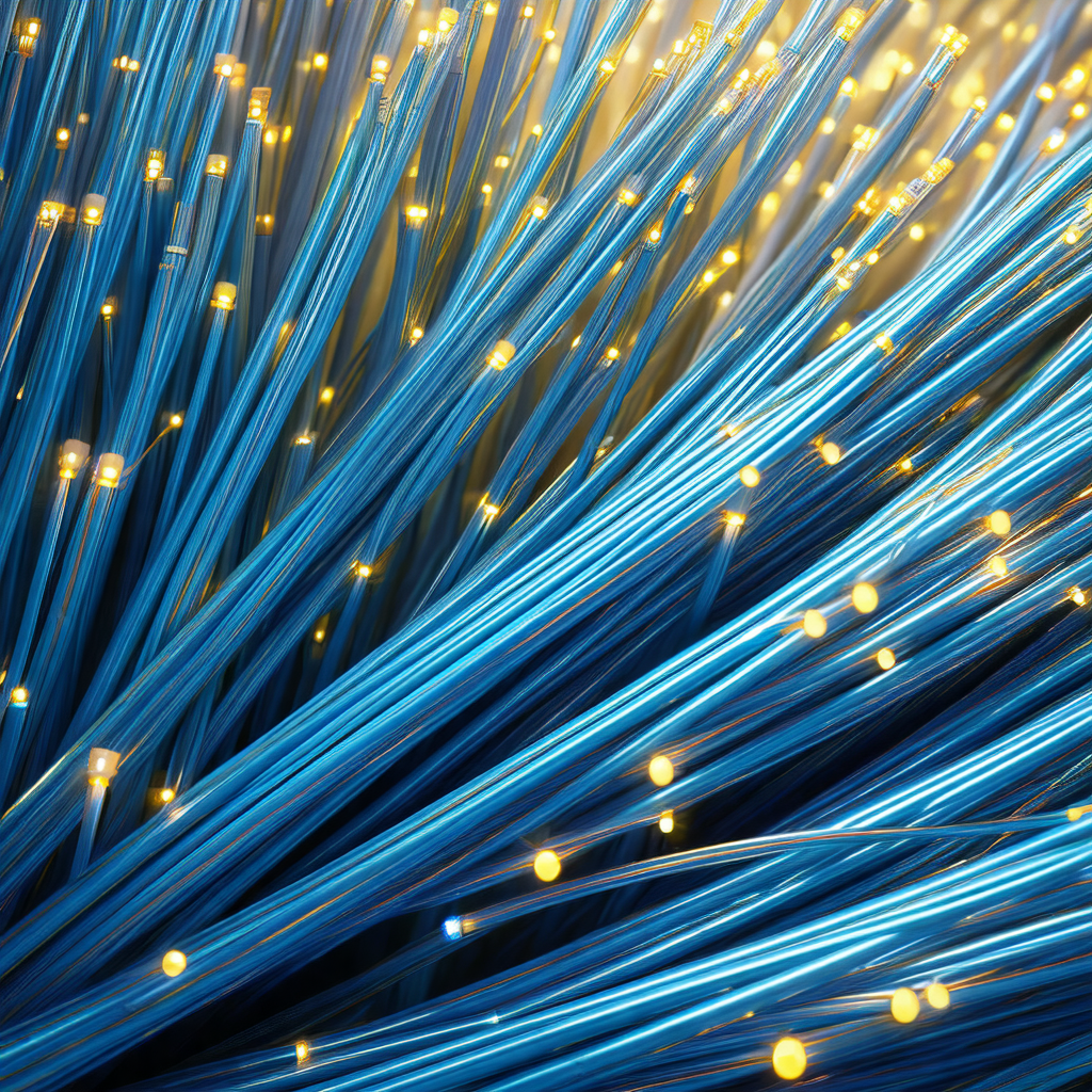 Close-up of a blue wire with many yellow lights shining t...