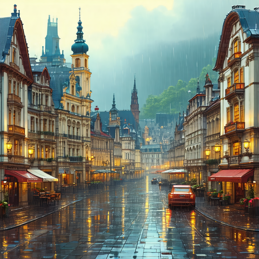 Rainy day in a european city, with a narrow street filled...