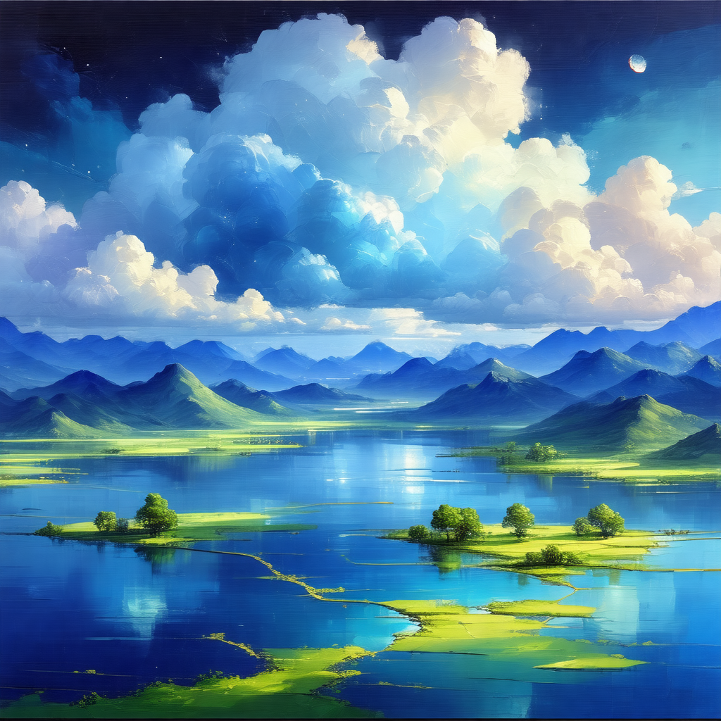 Painting of a beautiful landscape featuring a large body ...