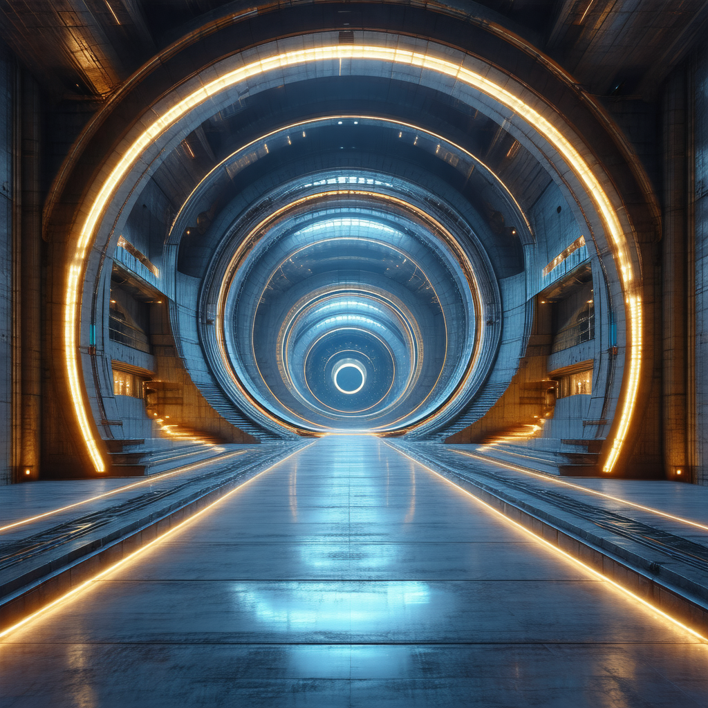 Futuristic tunnel with a blue light illuminating the space