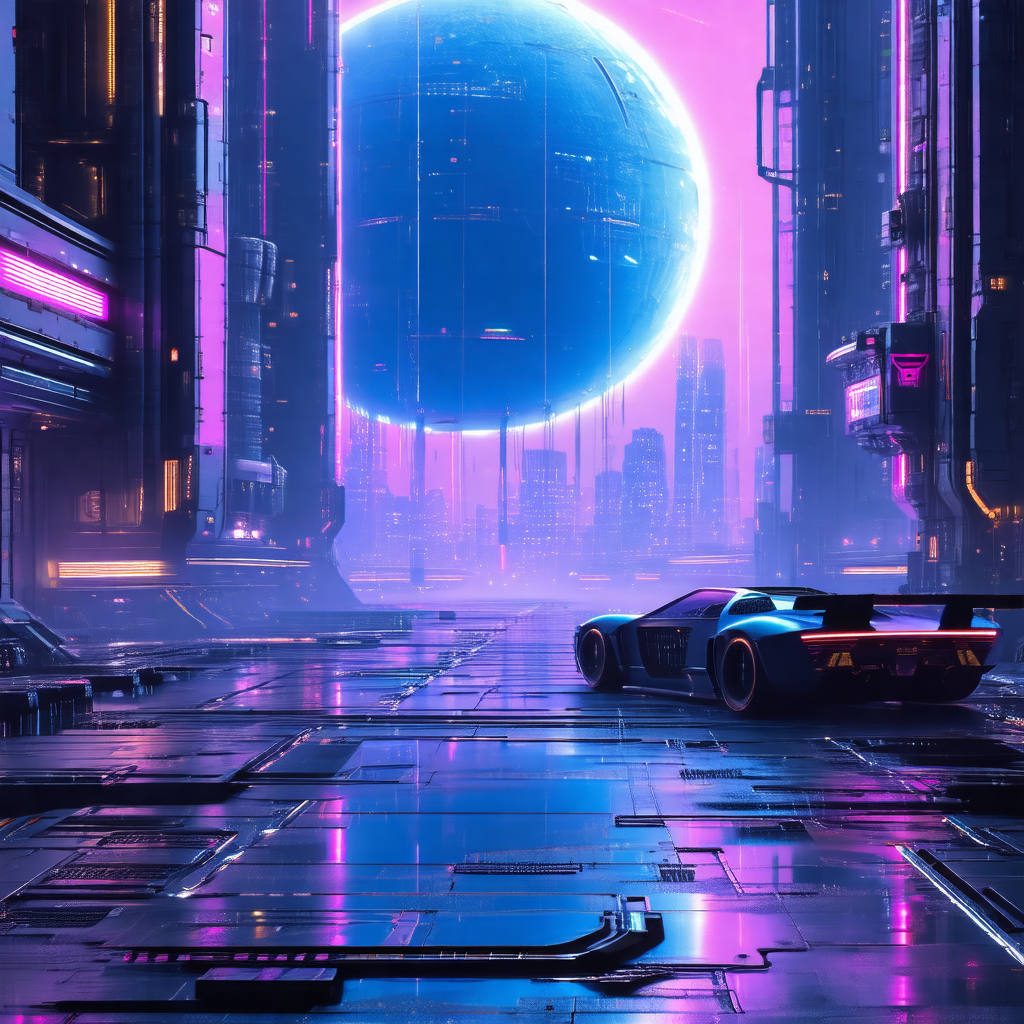 Futuristic cityscape with a large, illuminated sphere in ...