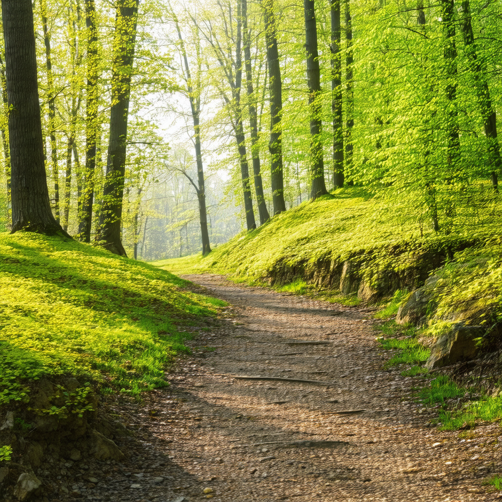 Serene forest scene with a dirt path surrounded by lush g...