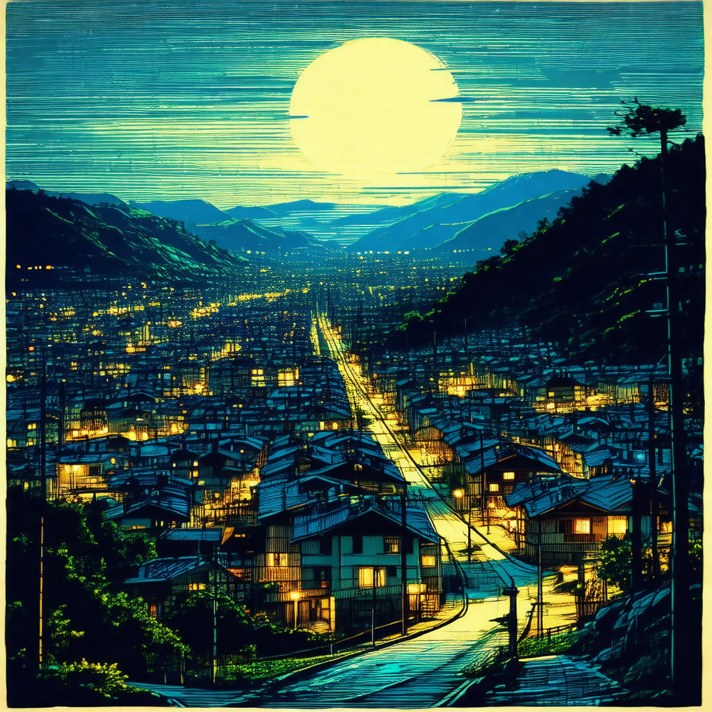 Black and white painting of a city at night