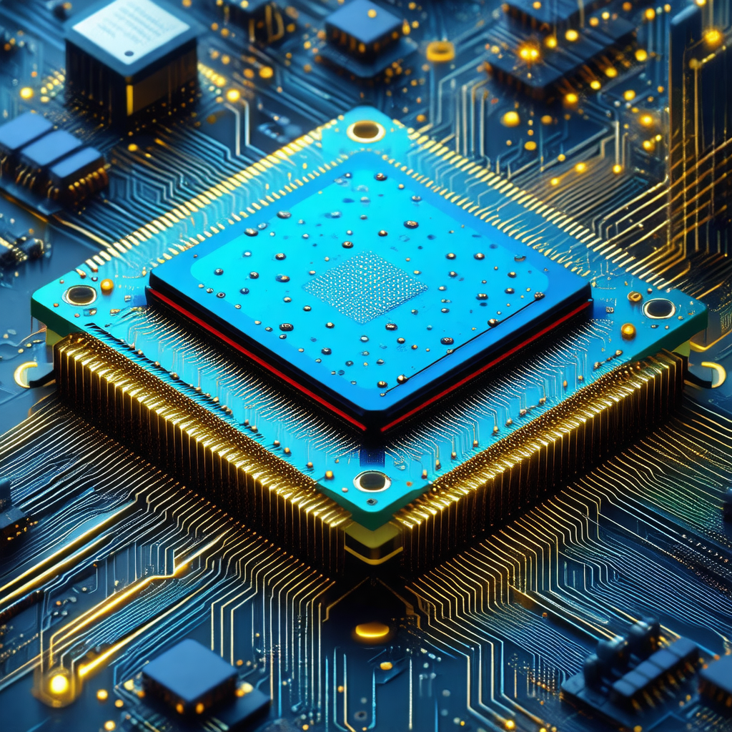 Close-up of a computer chip with a blue square in the center