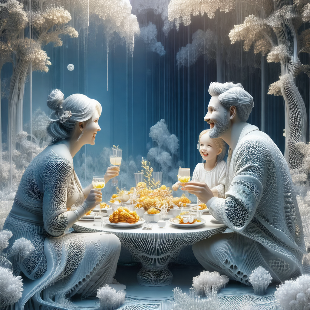 Family gathered around a dining table, enjoying a meal to...