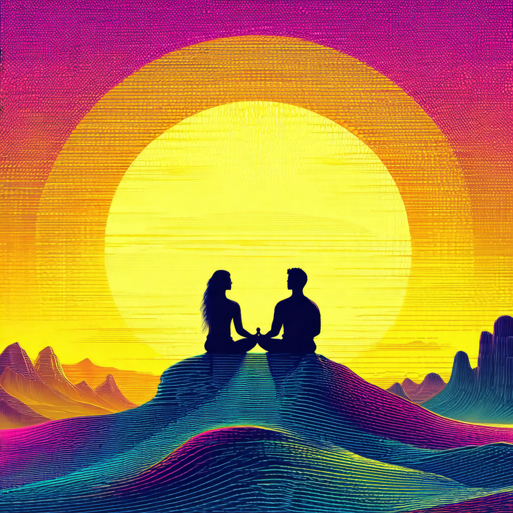 Man and a woman sitting on a hill, facing the sunset