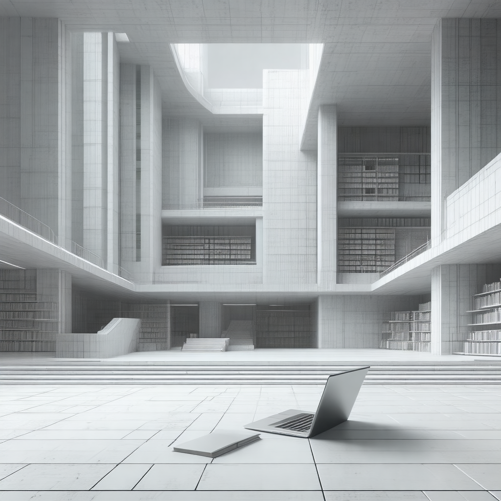 Black and white photo of a large library with a laptop co...