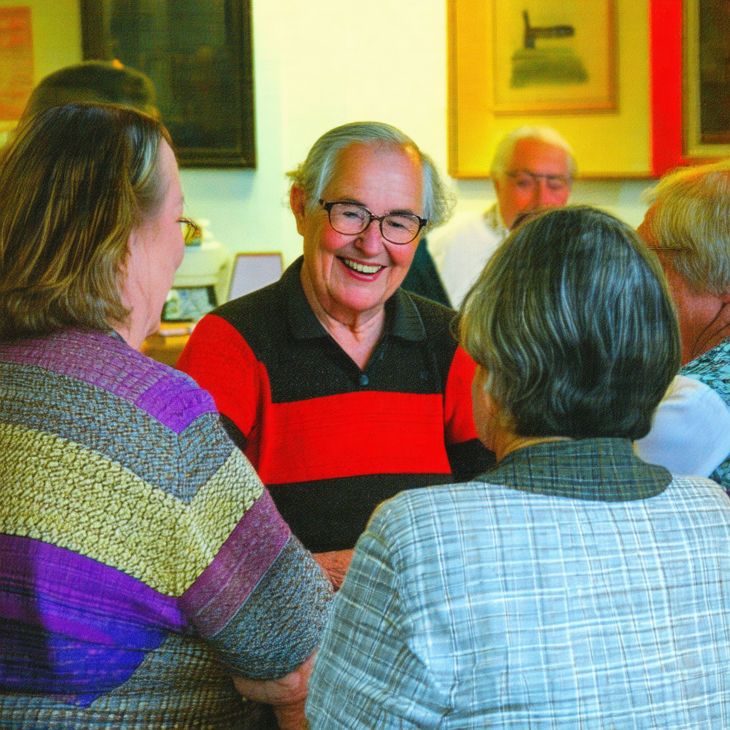 Group of people gathered in a room, engaged in conversati...