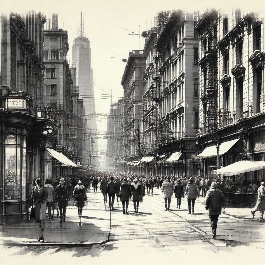 Black and white drawing of a busy city street