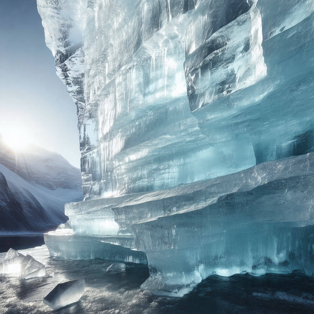 Large, frozen glacier with a massive ice wall