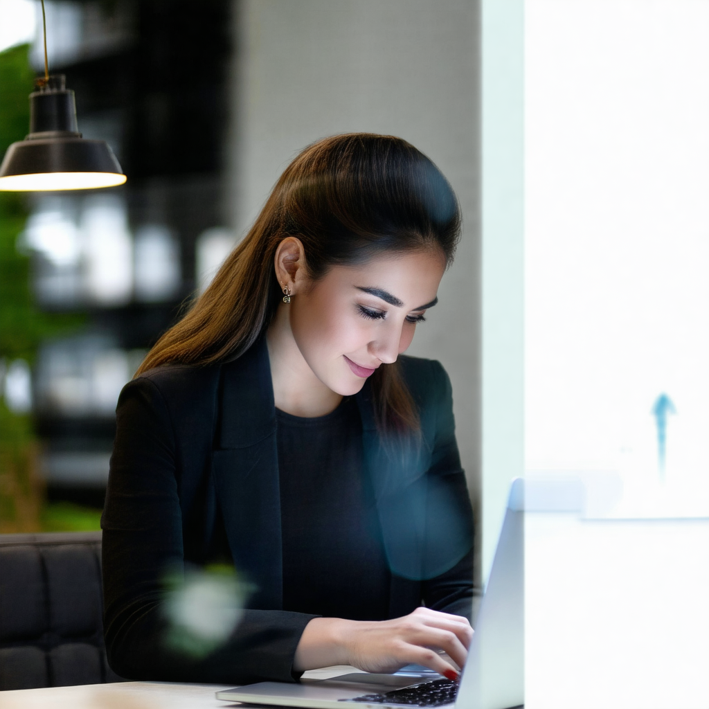 Woman sitting at a desk, working on a laptop computer