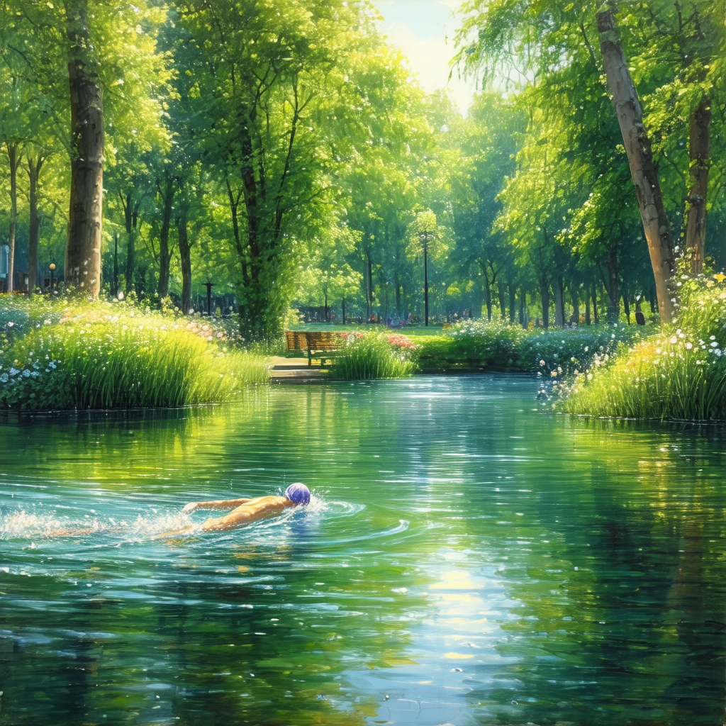Woman swimming in a lake, surrounded by trees