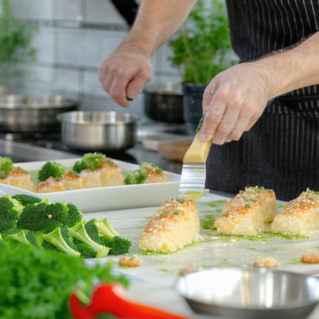 Person standing in a kitchen, preparing food on a cutting...