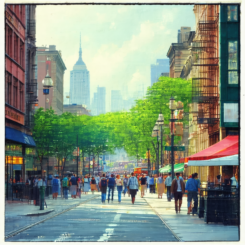 Bustling city street filled with people walking and enjoy...