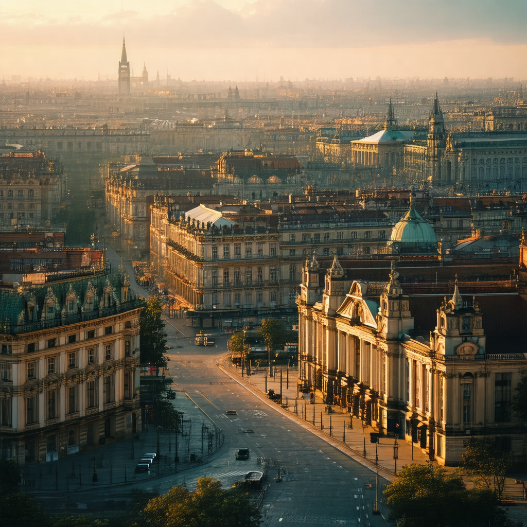 Panoramic view of a city, taken from a high vantage point