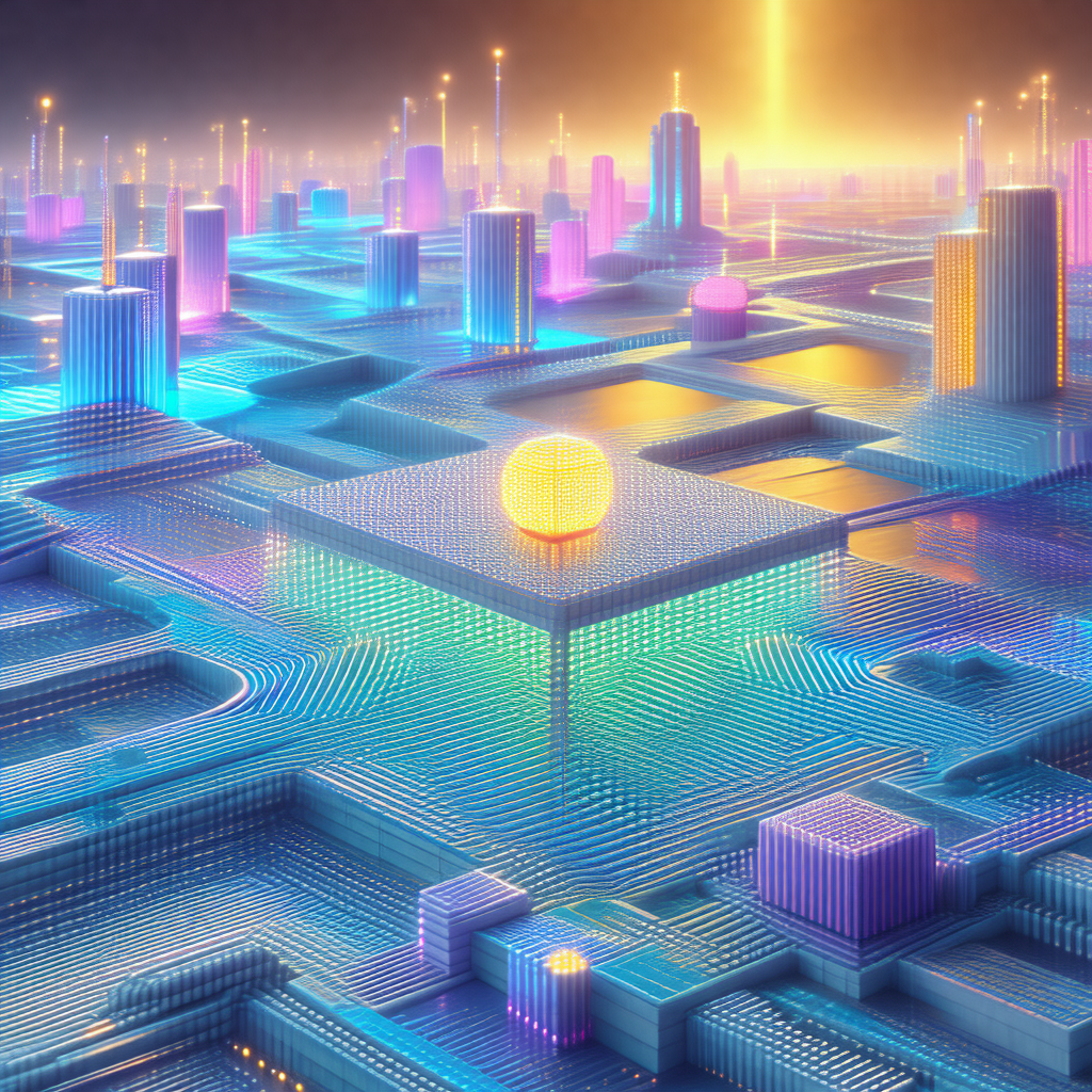 Futuristic cityscape with a large, brightly lit building ...