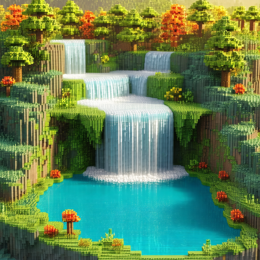 3d model of a waterfall and a pond, created using lego br...