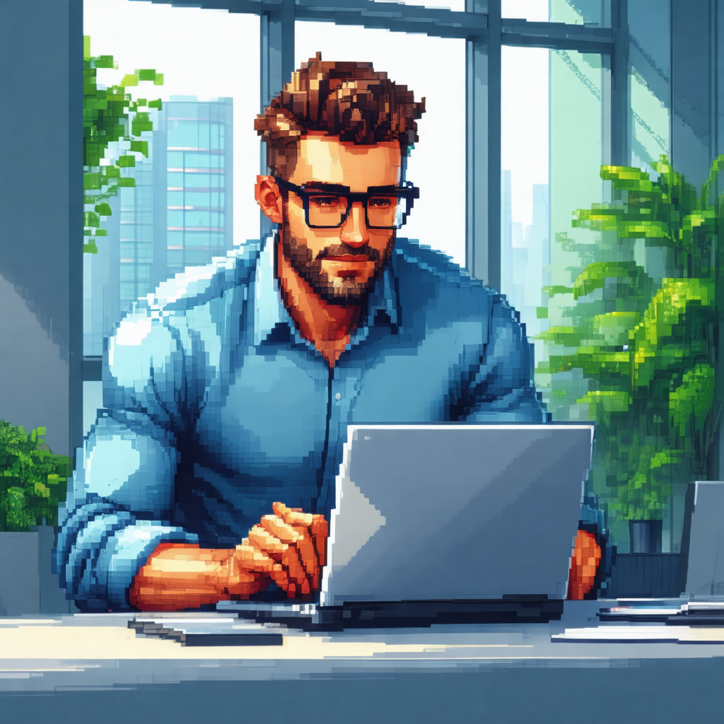 Cartoon-like drawing of a man sitting at a desk, working ...