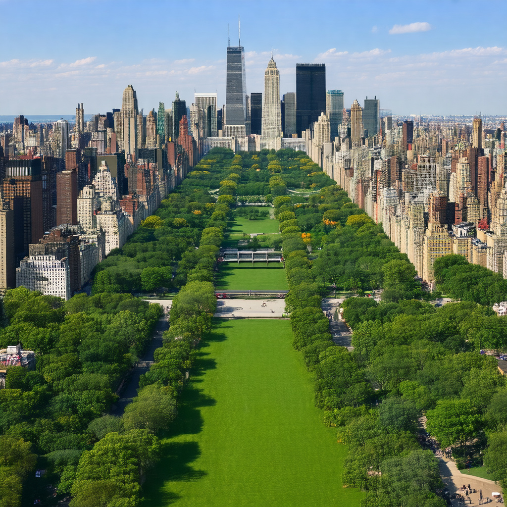 Bird's eye view of a large city, showcasing a park in the...