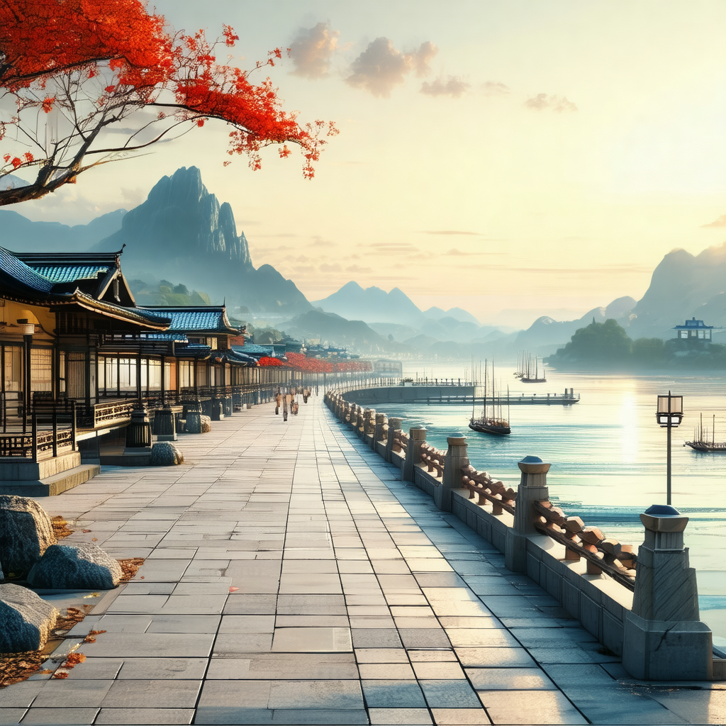 Painting of a beautiful waterfront scene with a long pier...