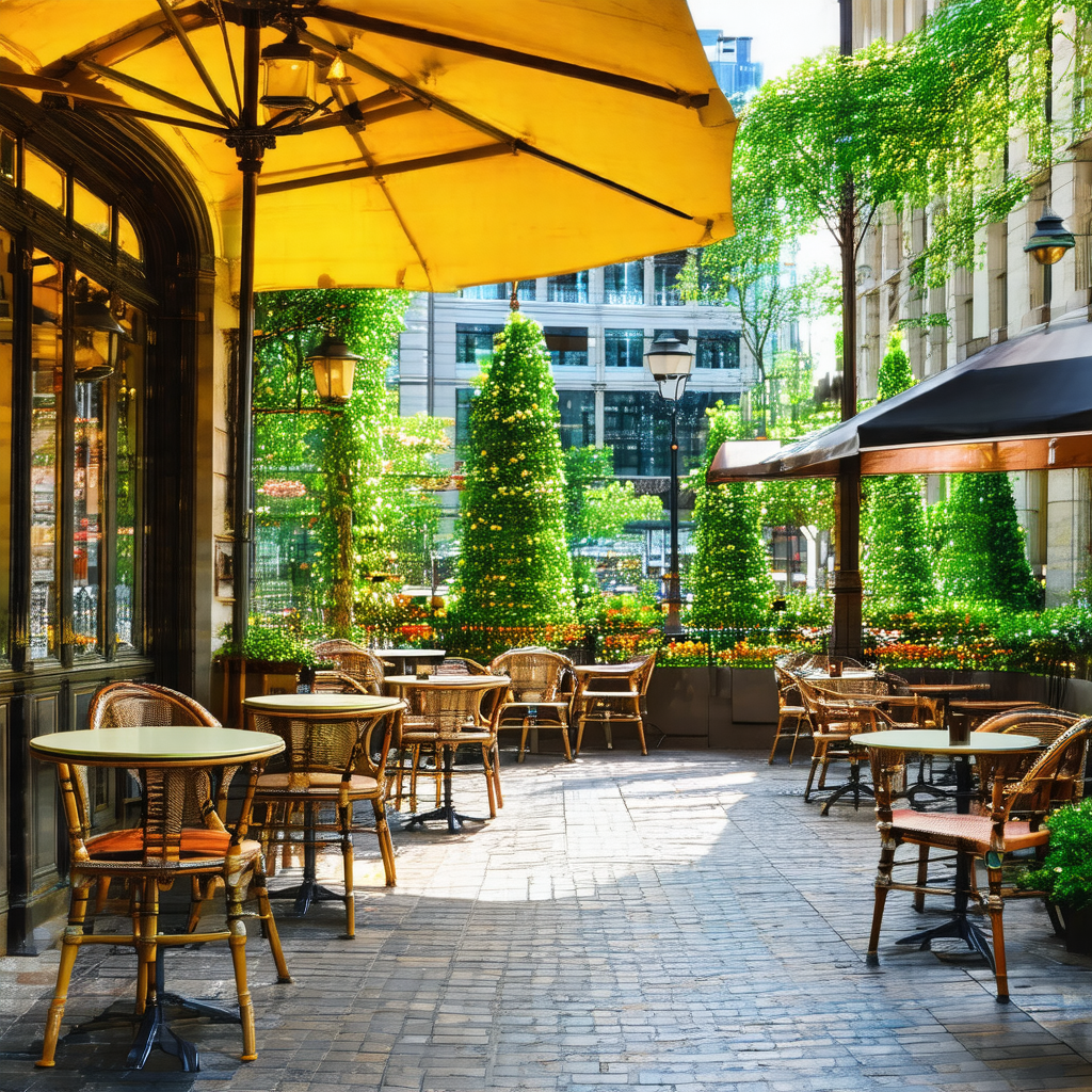 Beautiful outdoor patio with several tables and chairs ar...