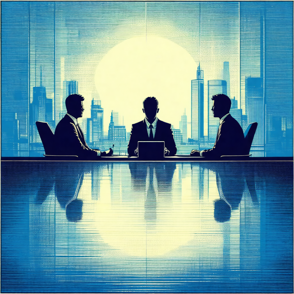 Black and white drawing of three men sitting at a confere...