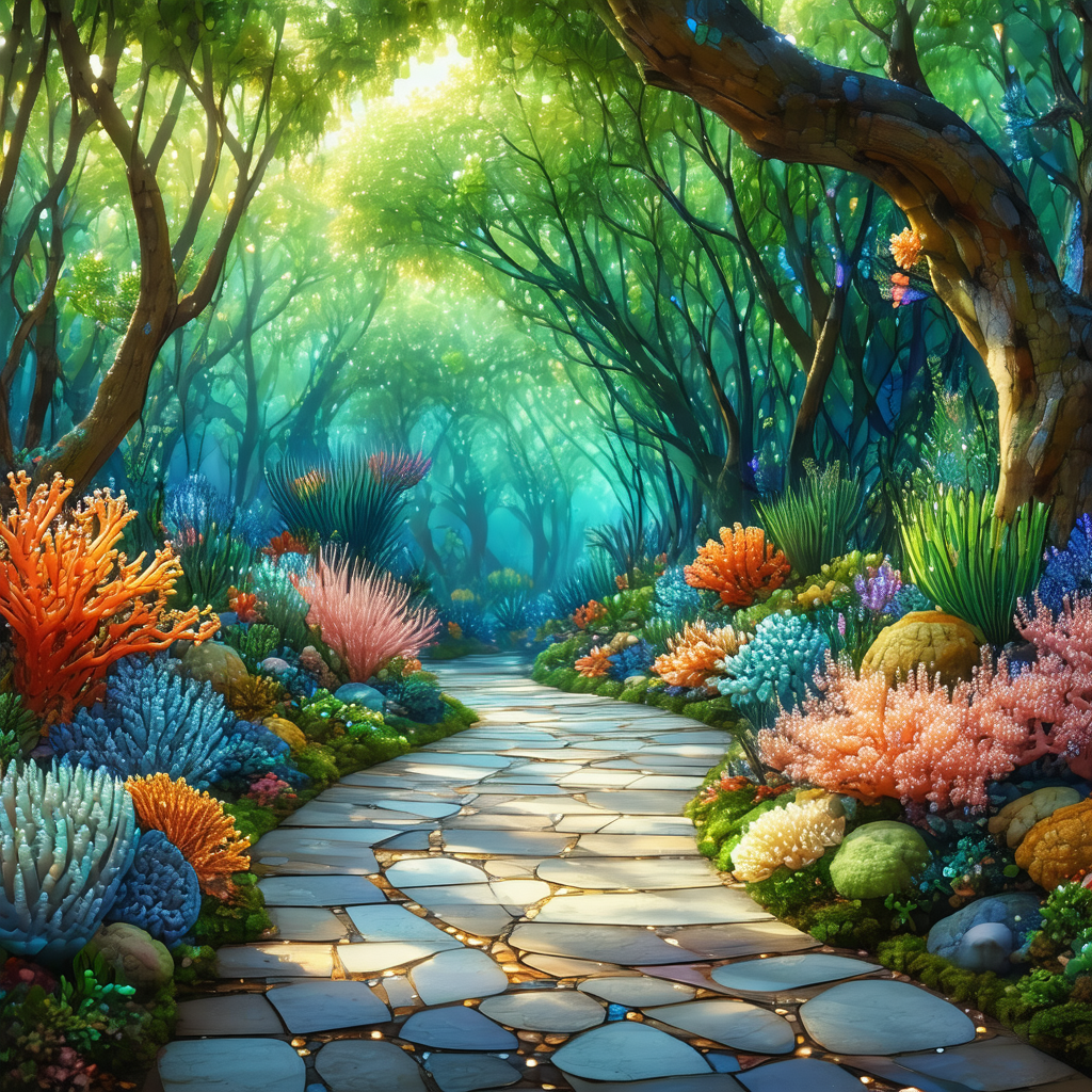 Colorful and vibrant painting of a forest path