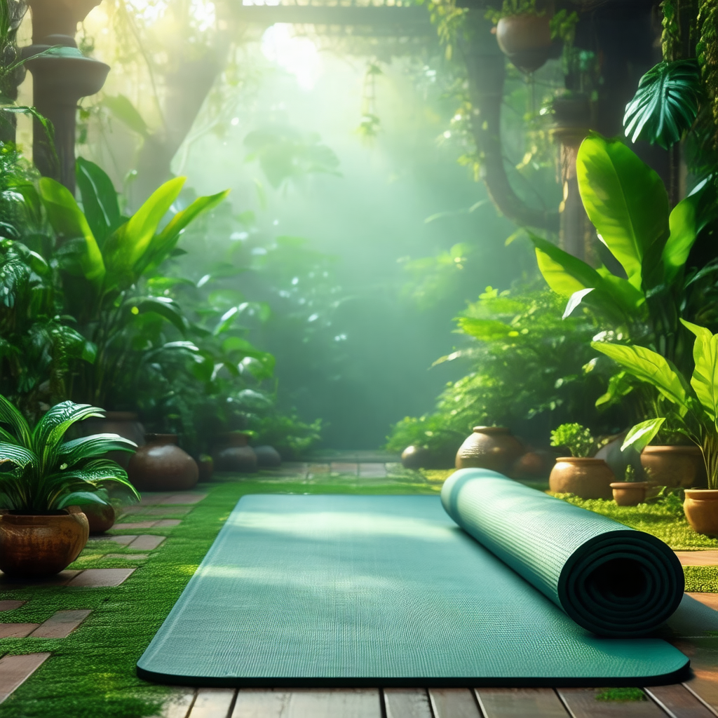 Yoga mat placed on a wooden deck in a lush green forest