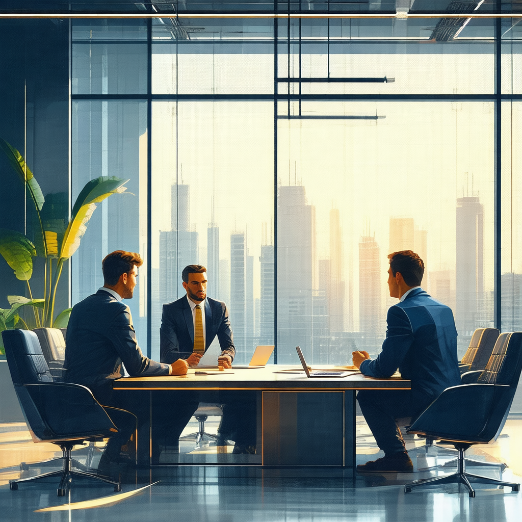 Group of three men dressed in suits, sitting around a con...