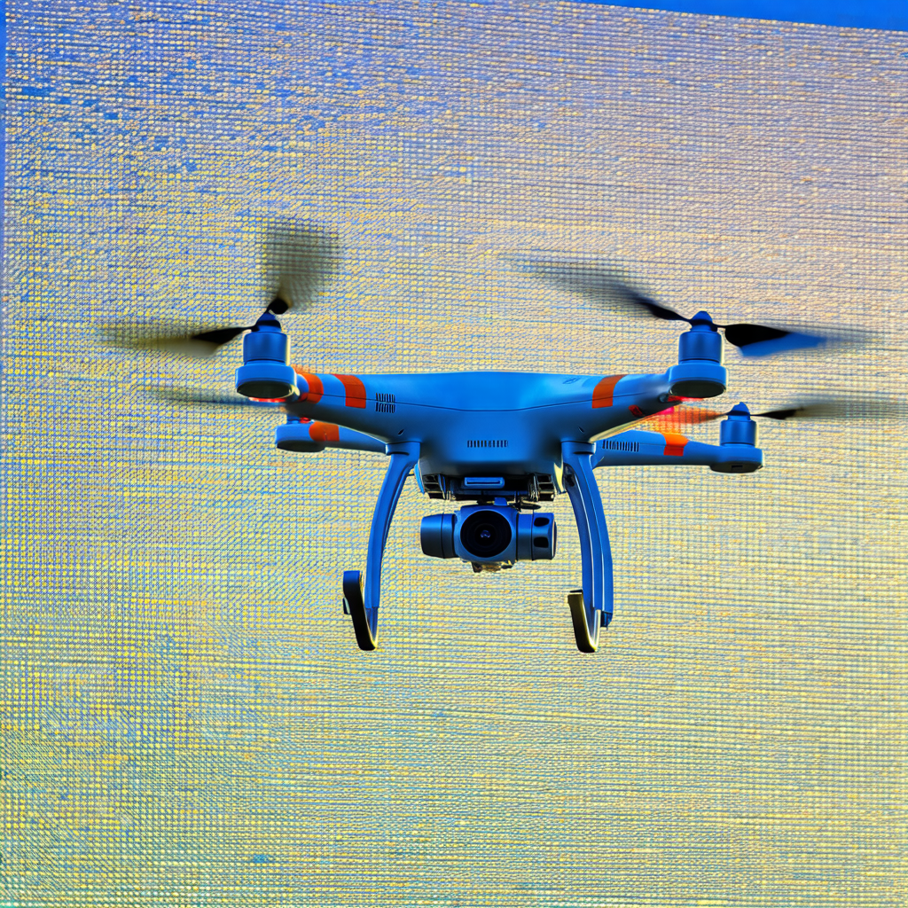 Blue and white drone flying in the air
