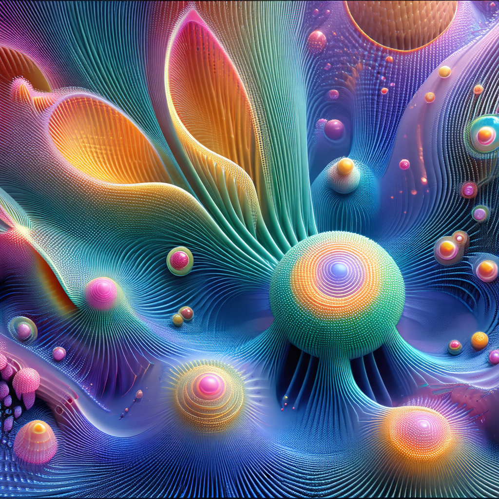 Vibrant and colorful artwork featuring a large, three-dim...