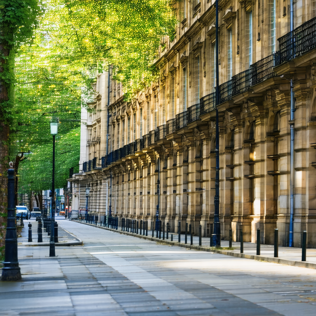 Long row of buildings with a sidewalk running alongside them