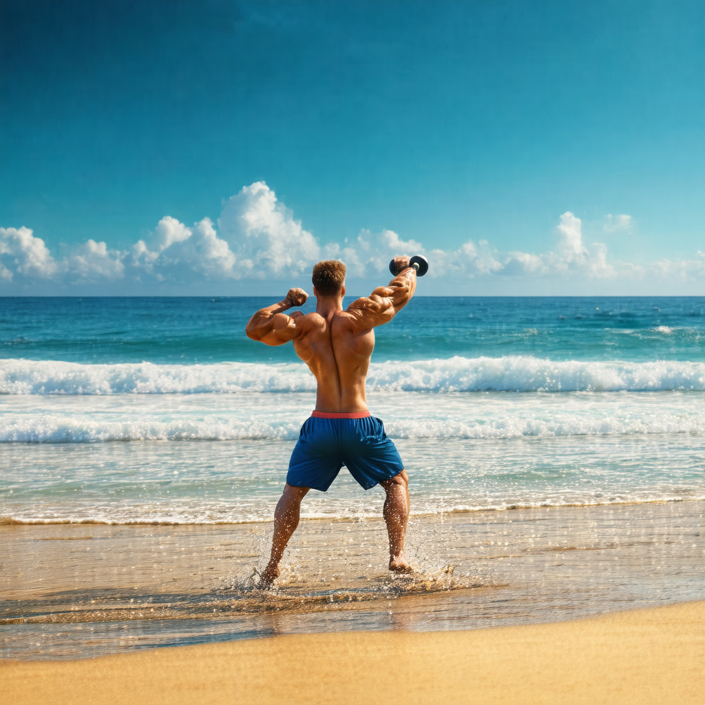 Man standing on a beach, holding a weight in his hand