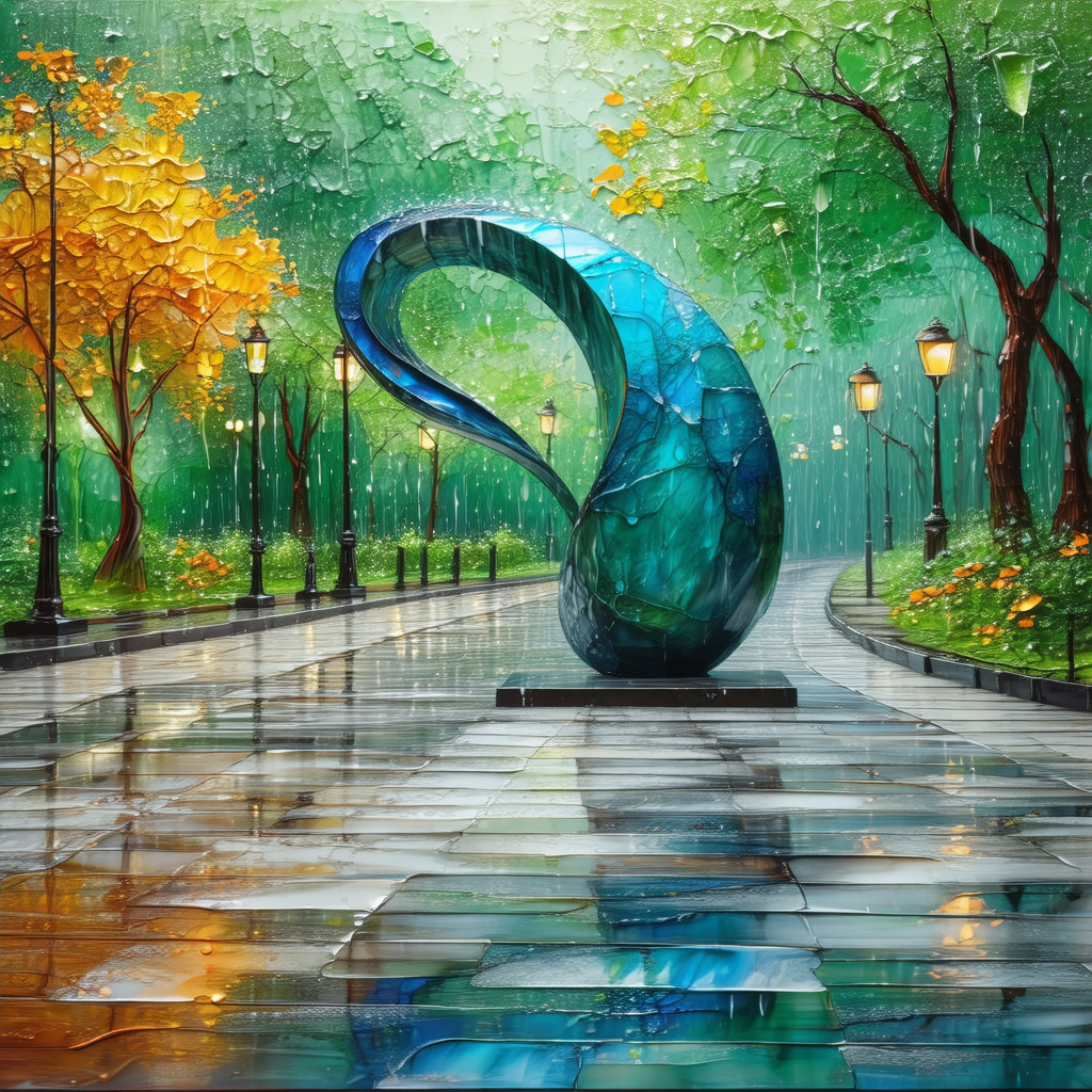 Rainy day in a city, with a large blue sculpture sitting ...