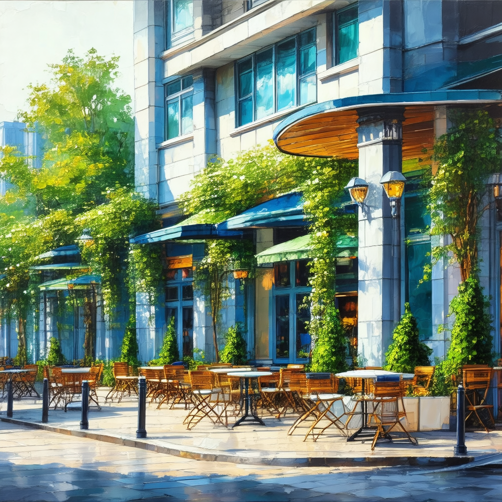 Beautifully designed outdoor restaurant with a row of tab...