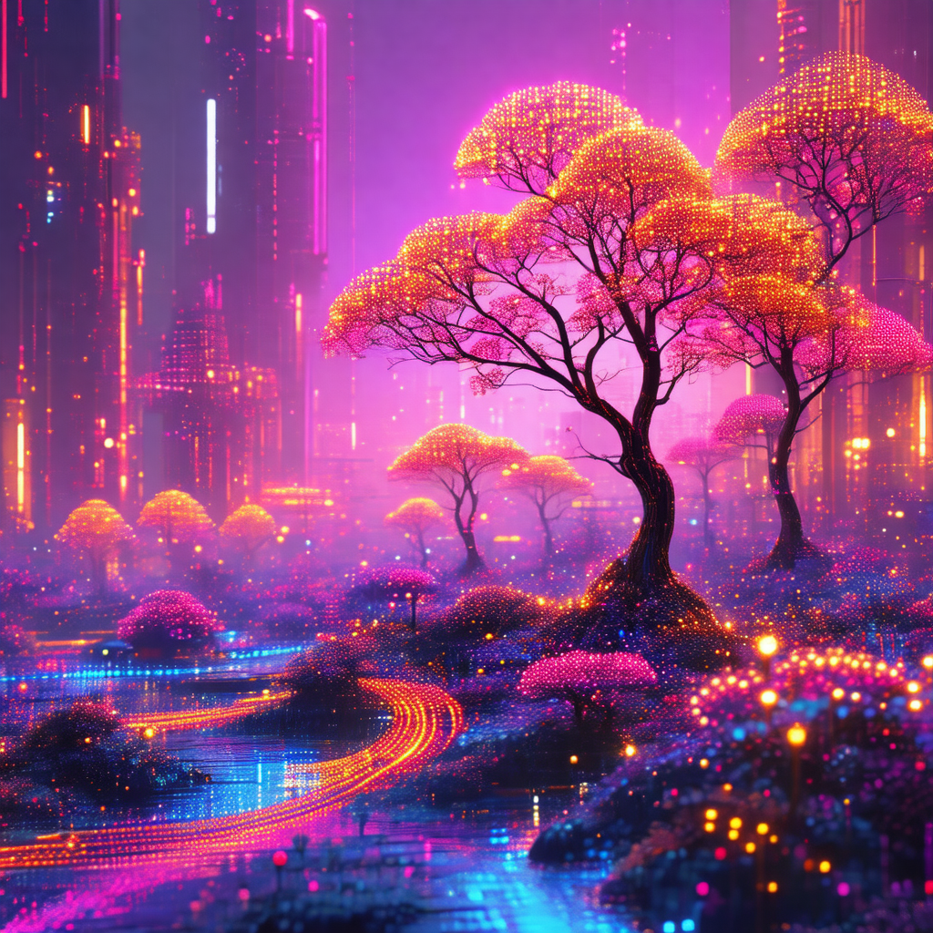 Colorful and vibrant digital artwork featuring a tree wit...