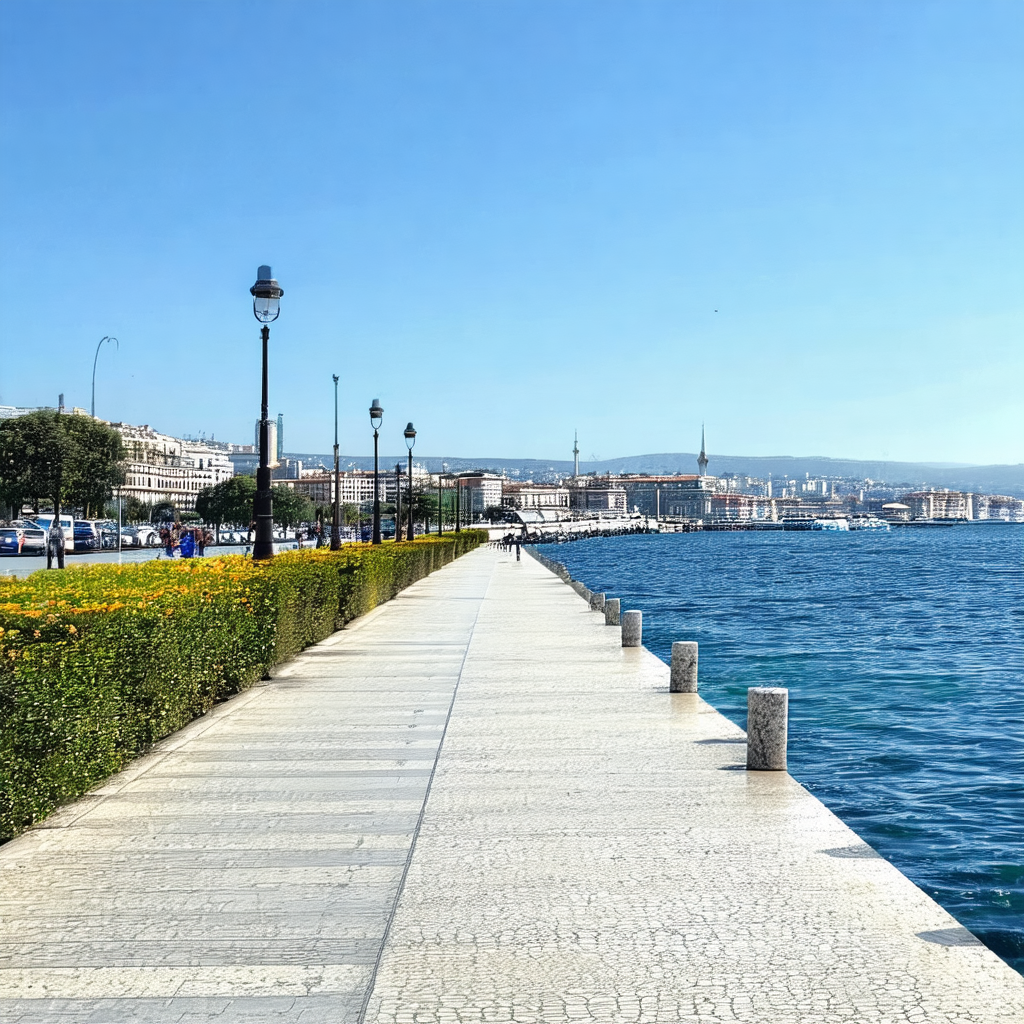 Beautiful waterfront with a long pier extending out into ...