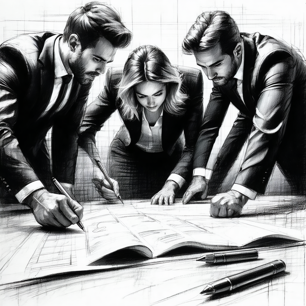 Black and white drawing of three people, two men and a wo...